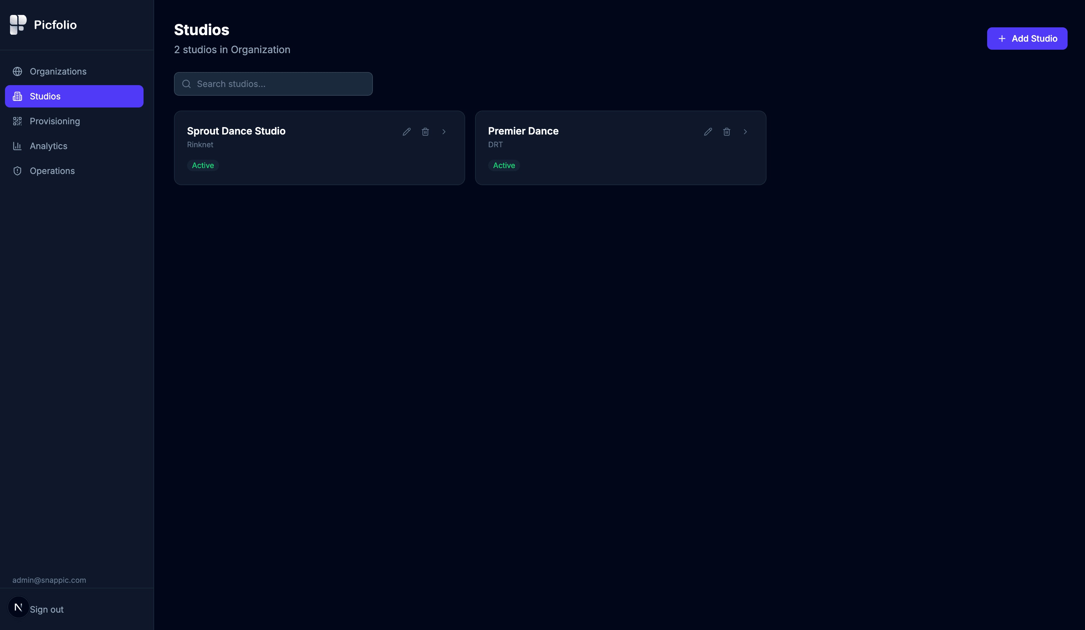 Picfolio studio admin dashboard showing studios management