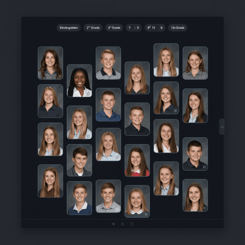 Picfolio buyer gallery showing masonry grid of school portraits