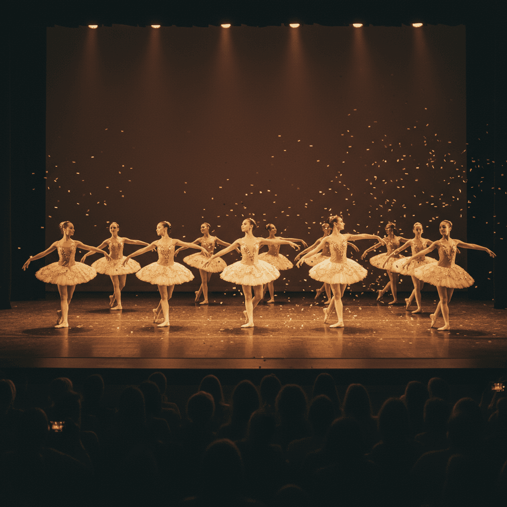 Group of ballet dancers performing on stage at a dance recital under dramatic warm spotlights