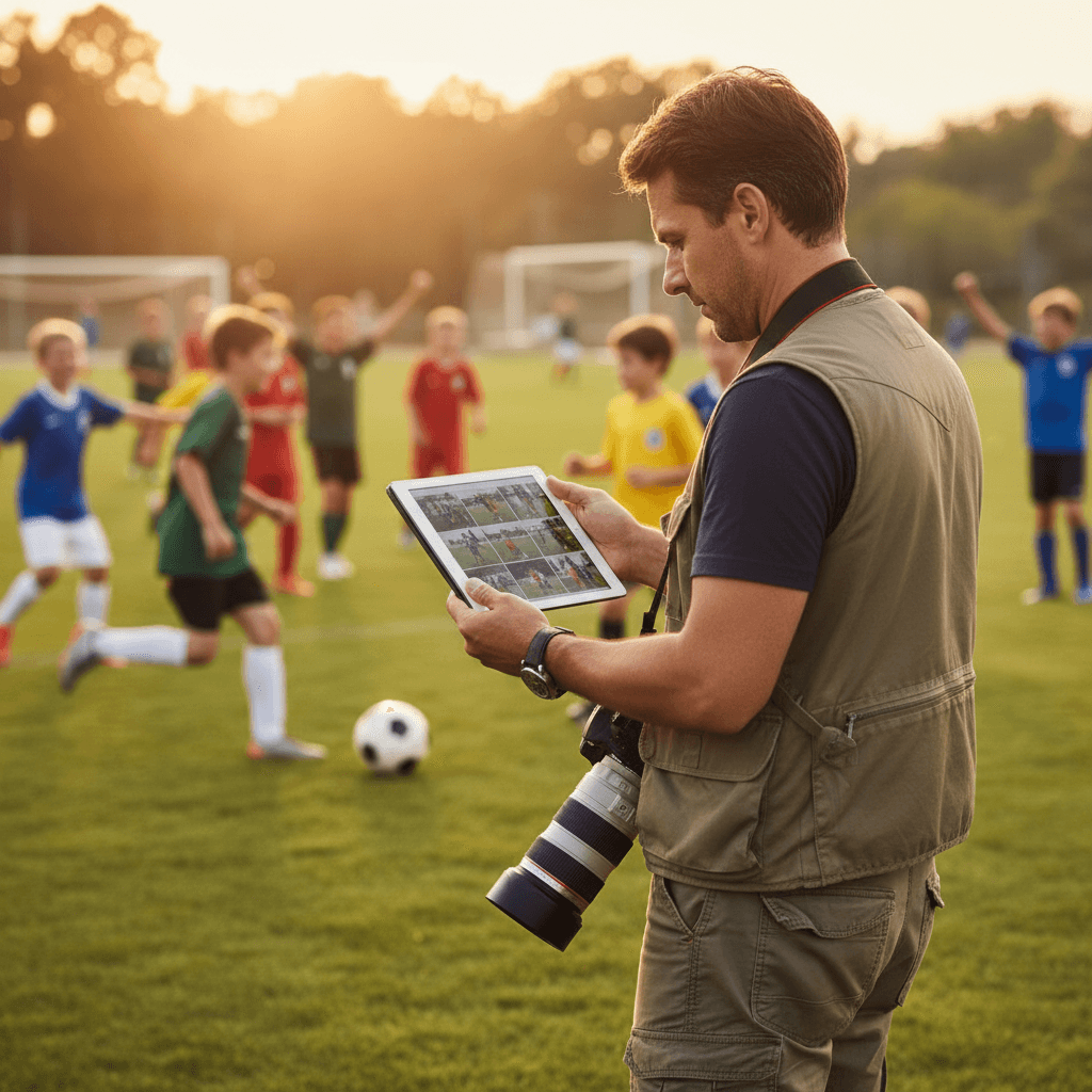 Photographer reviewing photos on iPad at a youth sports event